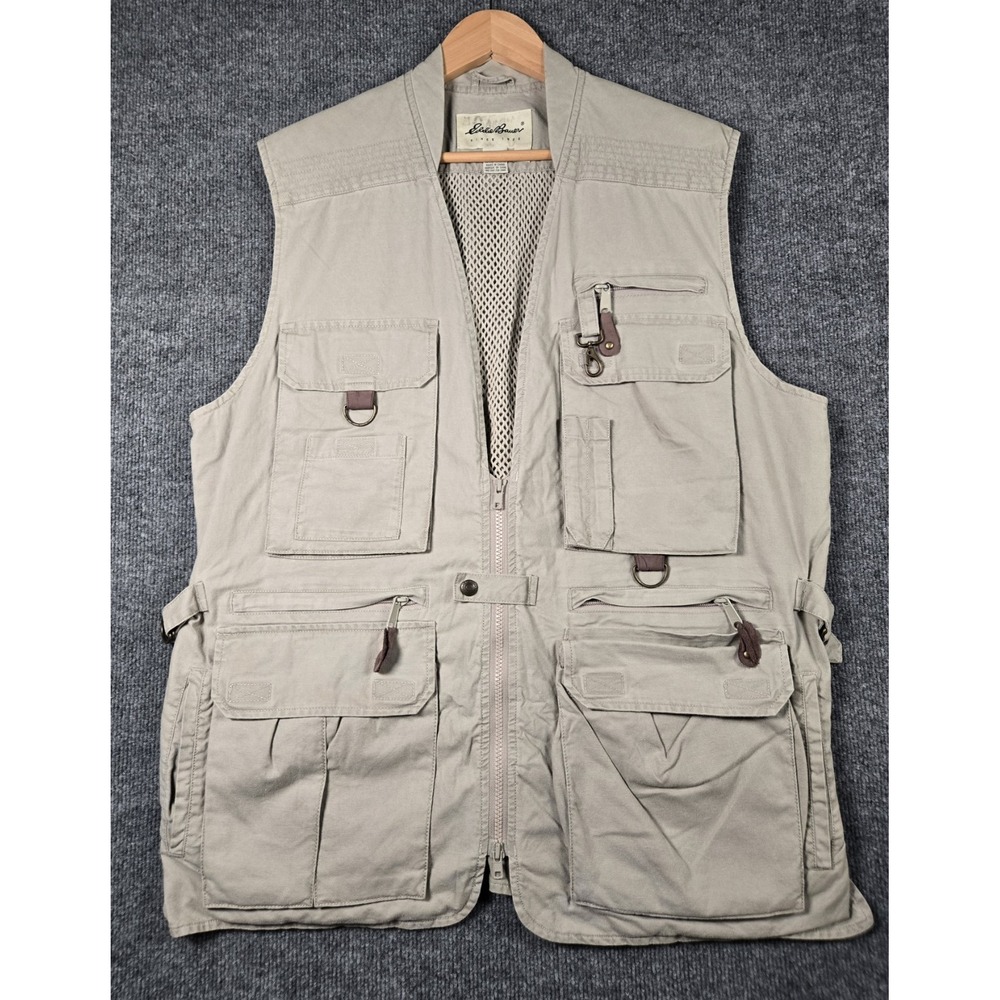 Eddie Bauer Utility Vest Men M Khaki Mesh Fishing Hiking Multi-Pocket Outdoor